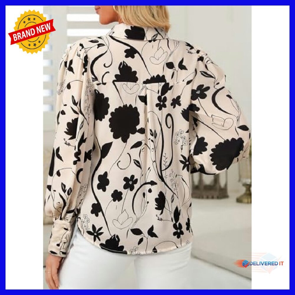 Long Sleeve Button Down Blouse, Polyester, Deep V… - image 7